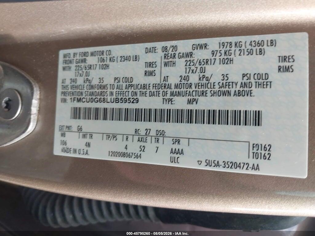 1FMCU0G68LUB59529 2020 FORD ESCAPE photo no. 9