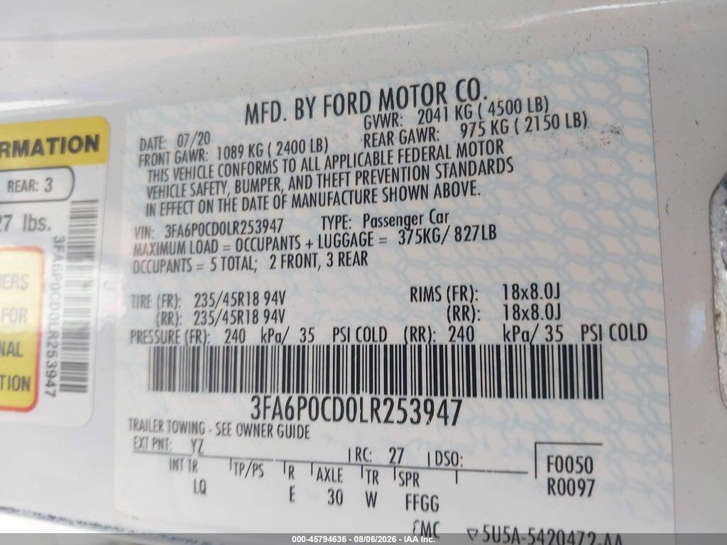 3FA6P0CD0LR253947 2020 FORD FUSION photo no. 9