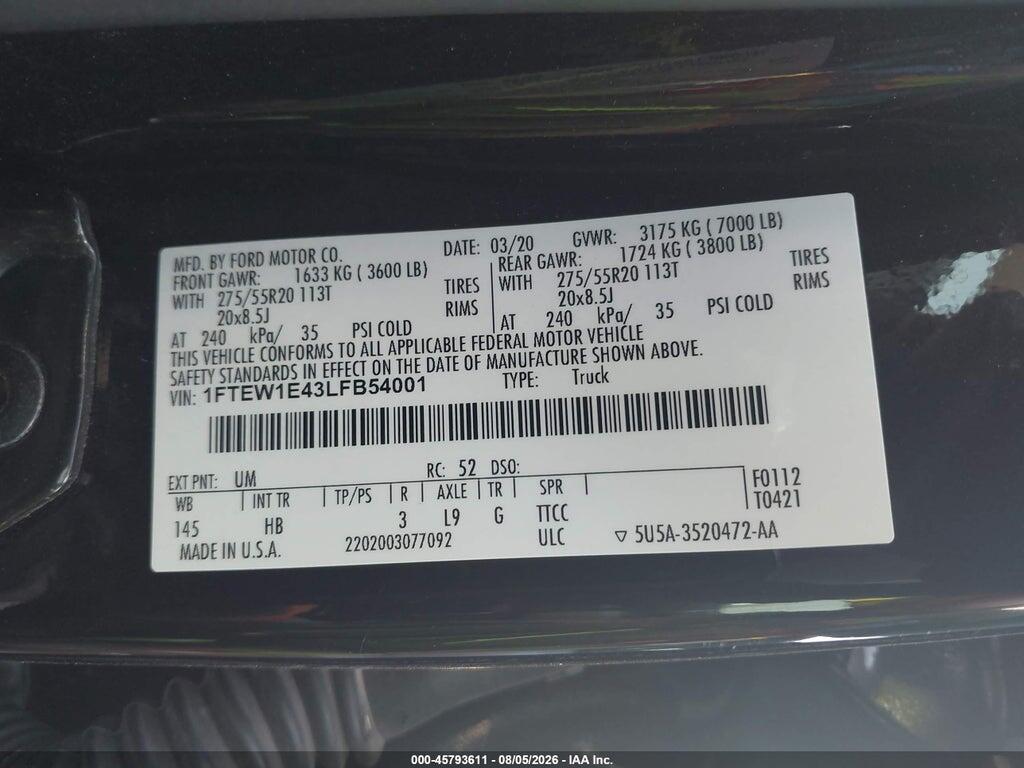 1FTEW1E43LFB54001 2020 FORD F-150 photo no. 9