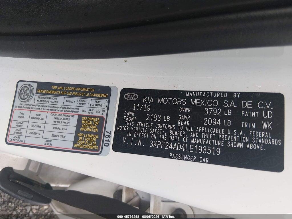 3KPF24AD4LE193519 2020 KIA FORTE photo no. 9