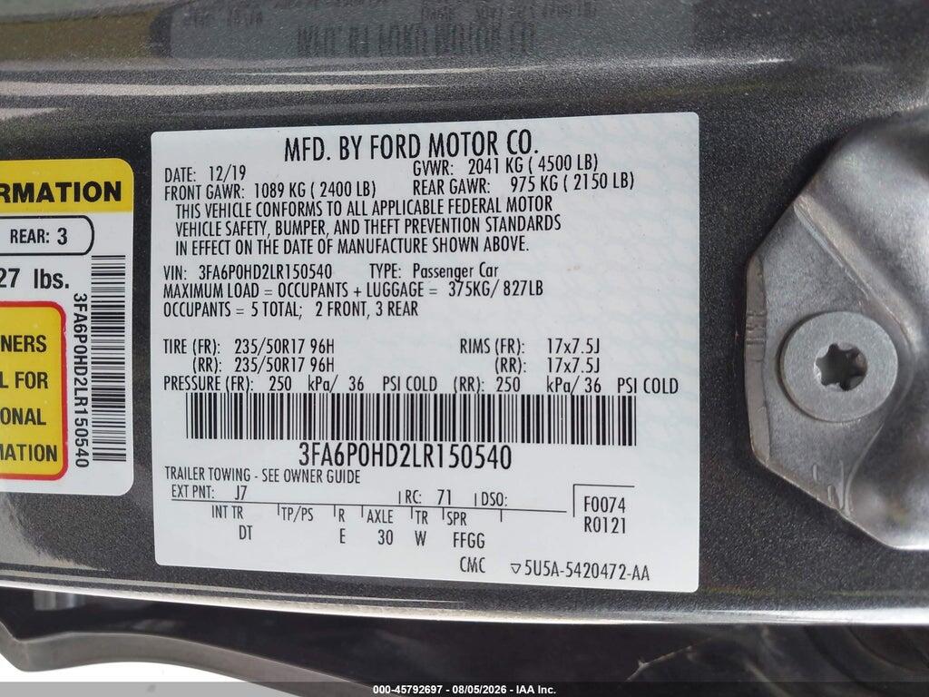 3FA6P0HD2LR150540 2020 FORD FUSION photo no. 9