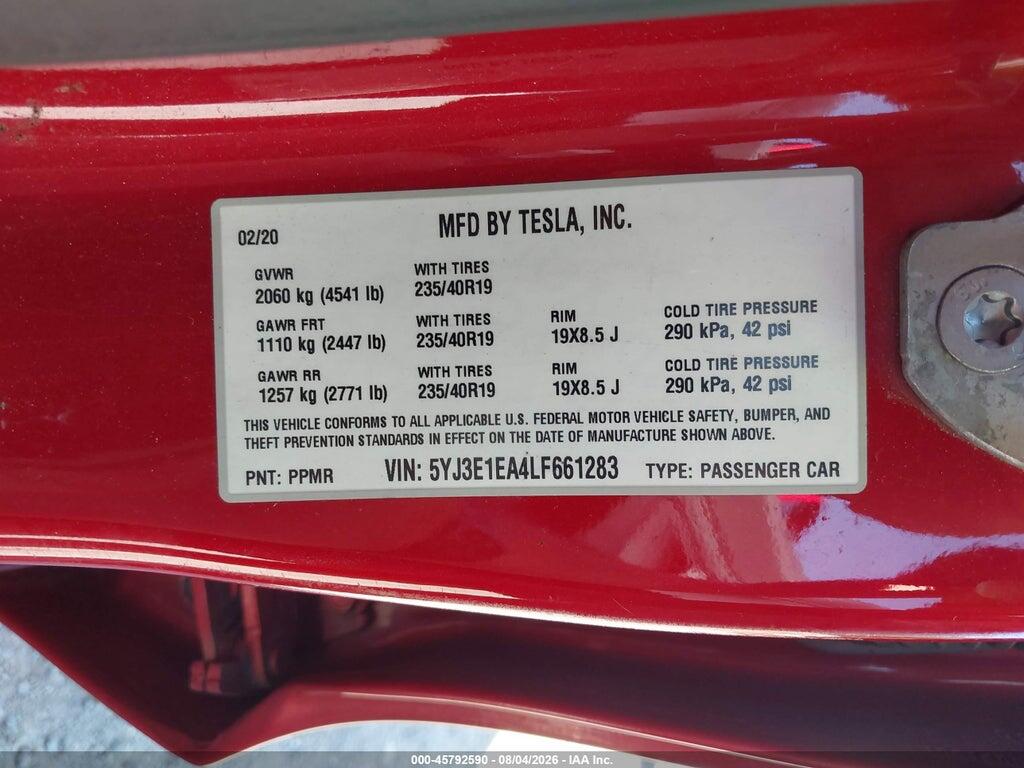 5YJ3E1EA4LF661283 2020 TESLA MODEL 3 photo no. 9