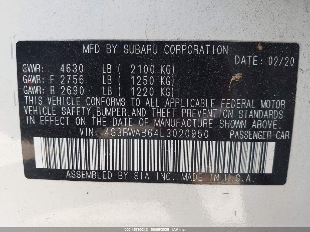 4S3BWAB64L3020950 2020 SUBARU LEGACY photo no. 9