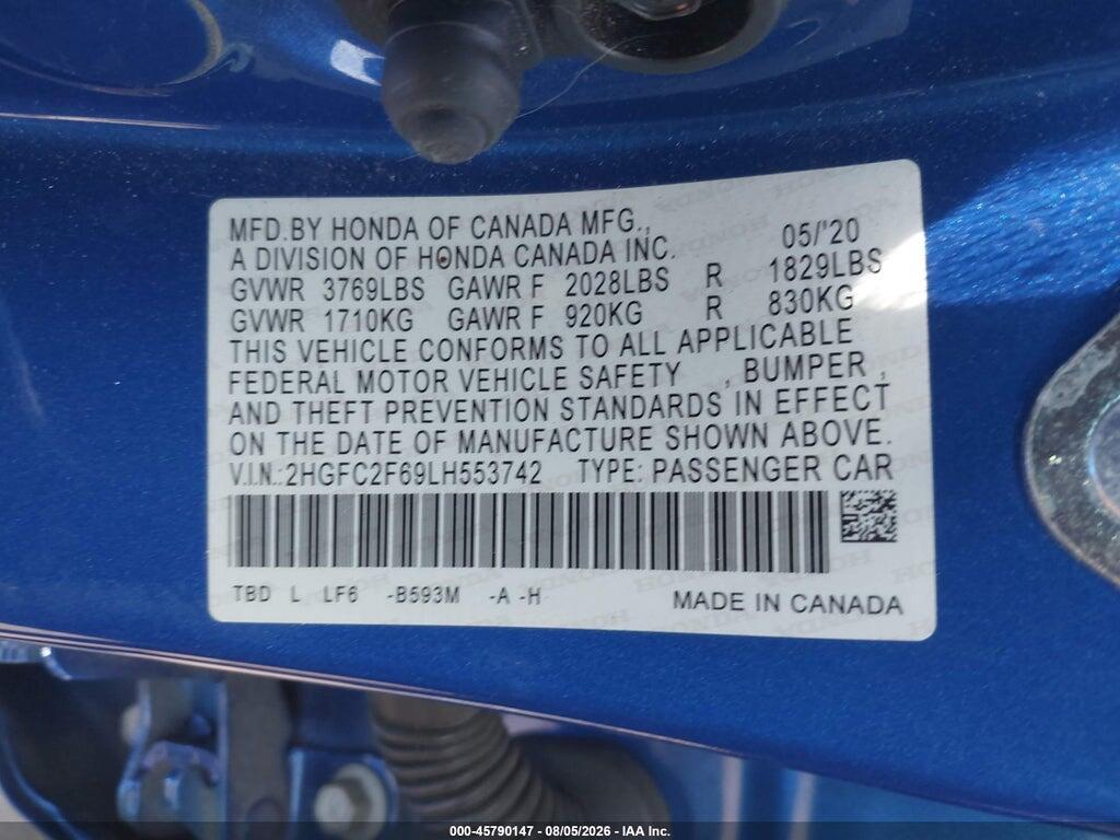 2HGFC2F69LH553742 2020 HONDA CIVIC photo no. 9