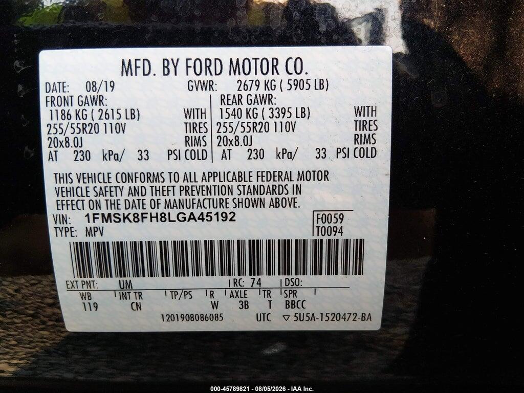 1FMSK8FH8LGA45192 2020 FORD EXPLORER photo no. 9