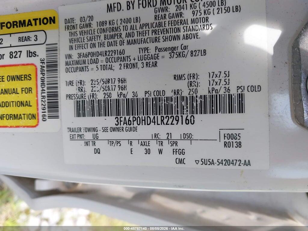 3FA6P0HD4LR229160 2020 FORD FUSION photo no. 9