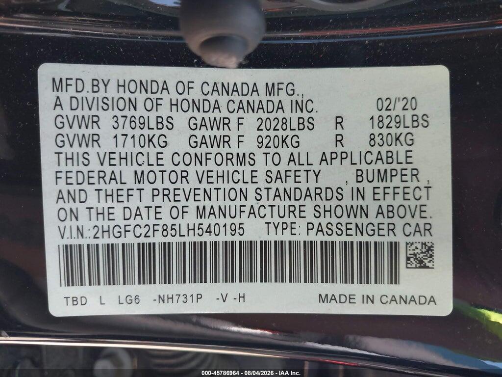 2HGFC2F85LH540195 2020 HONDA CIVIC photo no. 9