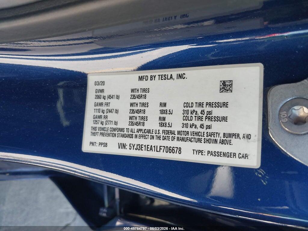 5YJ3E1EA1LF706678 2020 TESLA MODEL 3 photo no. 9