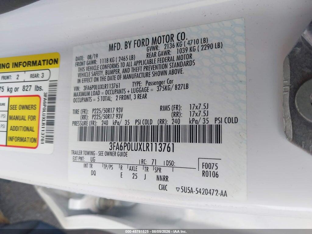 3FA6P0LUXLR113761 2020 FORD FUSION photo no. 9
