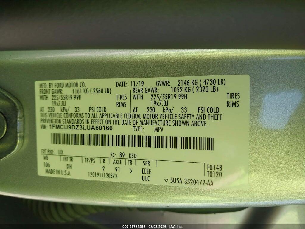1FMCU9DZ3LUA60166 2020 FORD ESCAPE photo no. 9