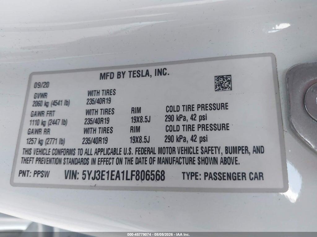 5YJ3E1EA1LF806568 2020 TESLA MODEL 3 photo no. 9