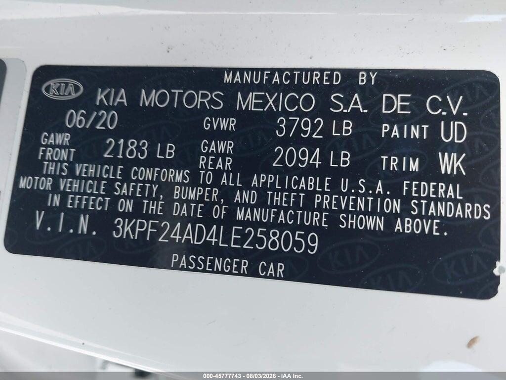 3KPF24AD4LE258059 2020 KIA FORTE photo no. 9