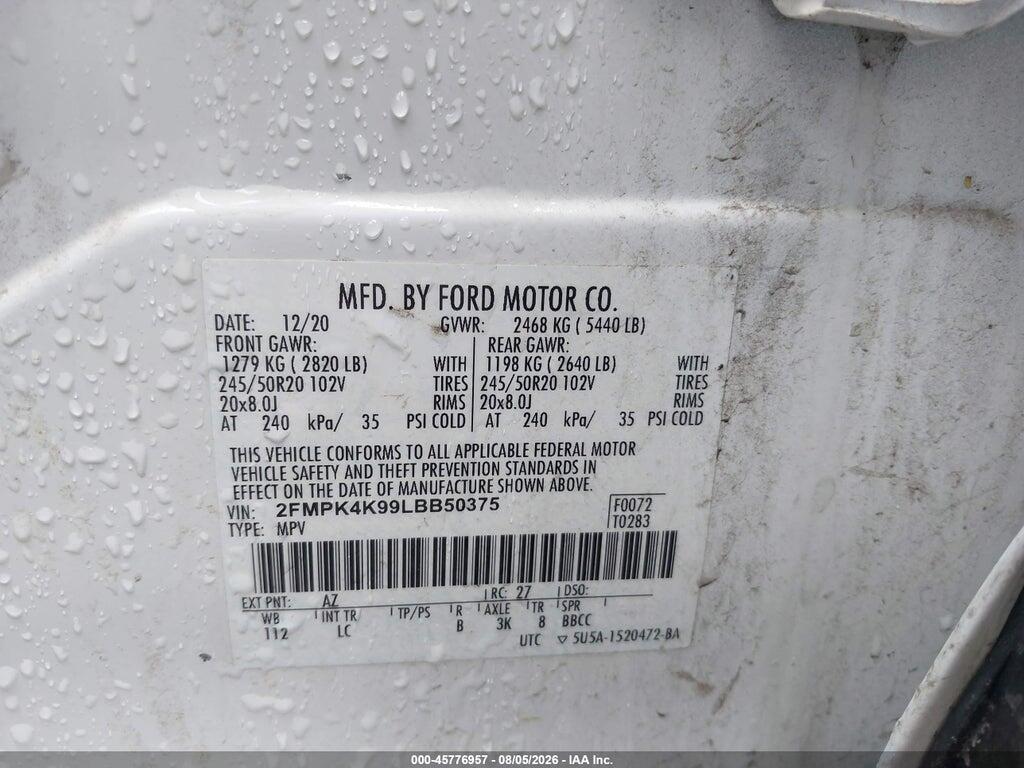 2FMPK4K99LBB50375 2020 FORD EDGE photo no. 9