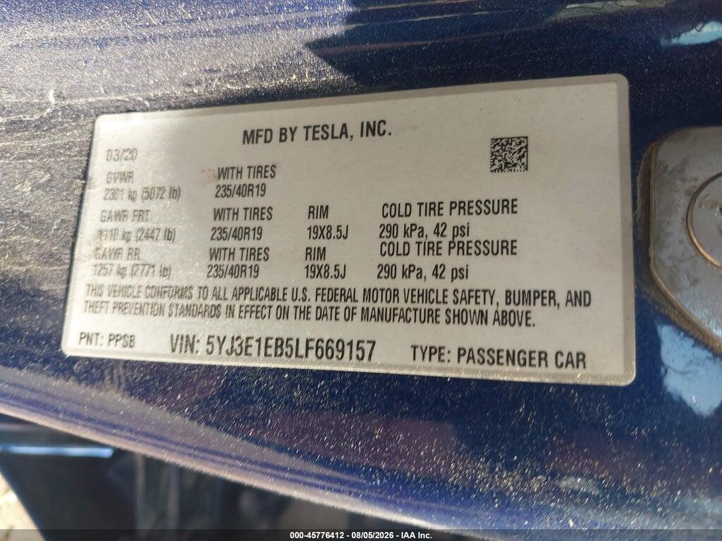 5YJ3E1EB5LF669157 2020 TESLA MODEL 3 photo no. 9