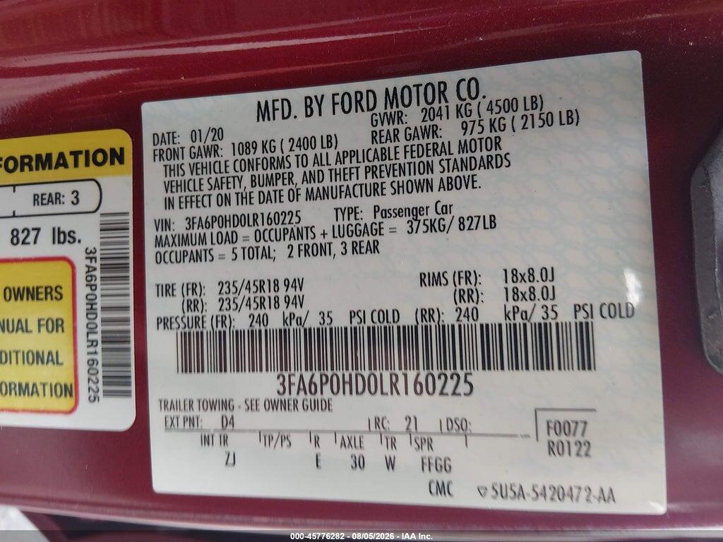 3FA6P0HD0LR160225 2020 FORD FUSION photo no. 9