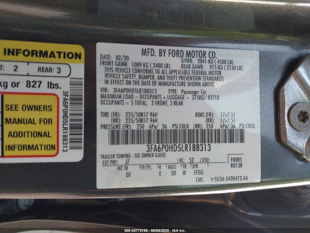 3FA6P0HD5LR188313 2020 FORD FUSION photo no. 9