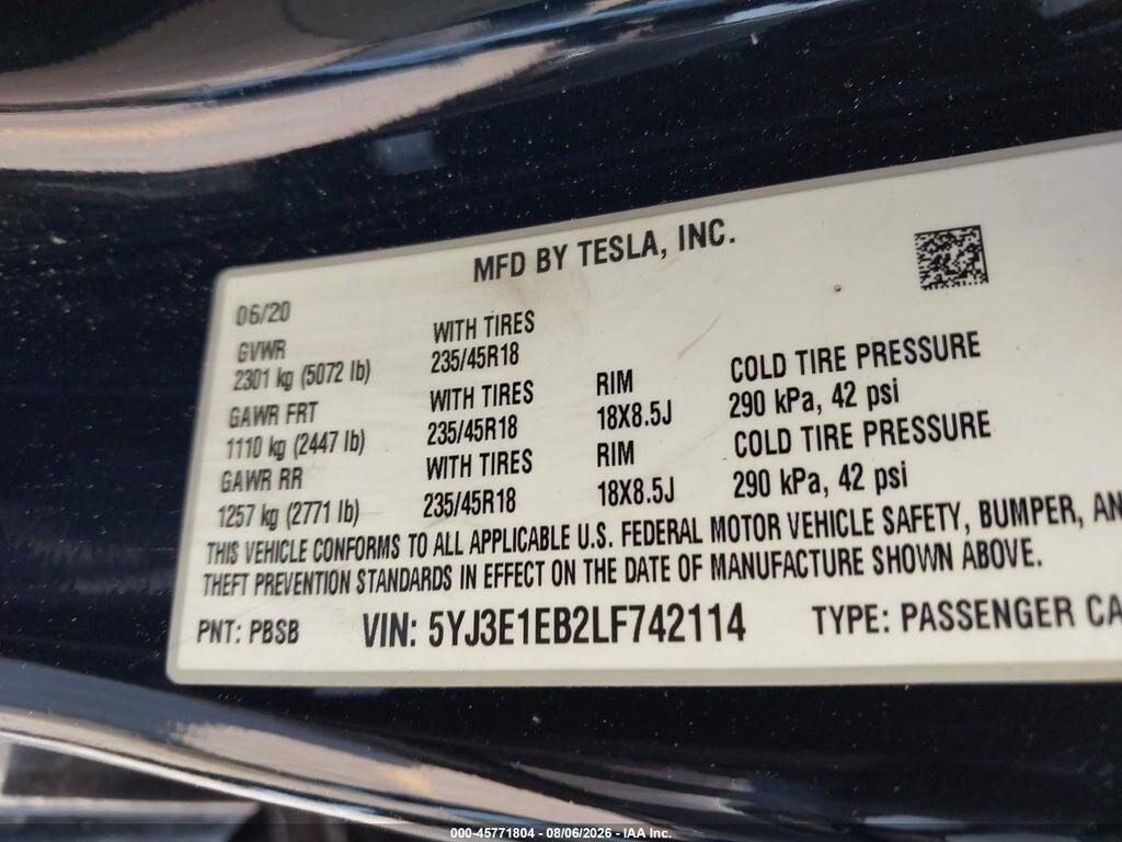 5YJ3E1EB2LF742114 2020 TESLA MODEL 3 photo no. 9