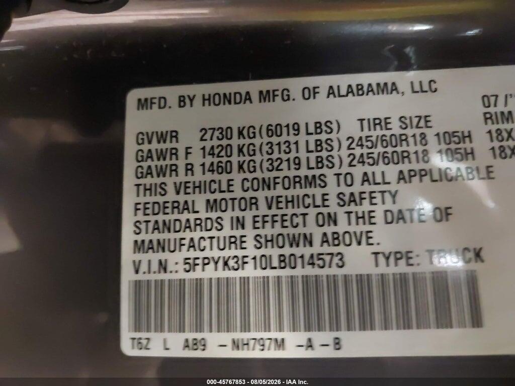 5FPYK3F10LB014573 2020 HONDA RIDGELINE photo no. 9