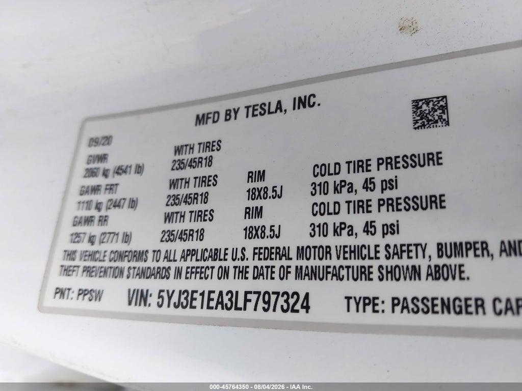 5YJ3E1EA3LF797324 2020 TESLA MODEL 3 photo no. 9