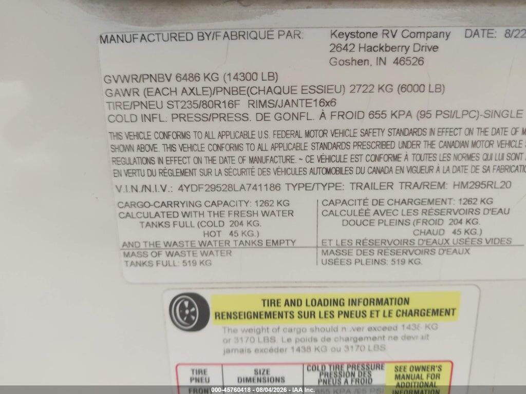 4YDF29528LA741186 2020 KEYSTONE RV MONTANA photo no. 9