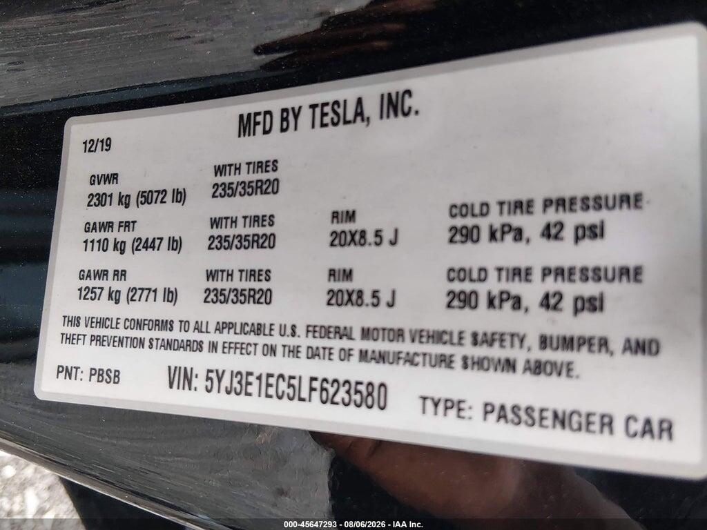 5YJ3E1EC5LF623580 2020 TESLA MODEL 3 photo no. 9