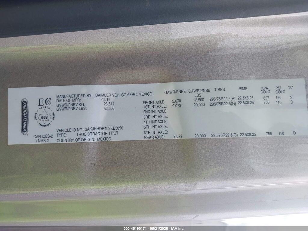 3AKJHHDR4LSKB5056 2020 FREIGHTLINER NEW CASCADIA 126 photo no. 8