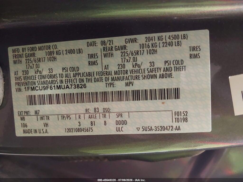 1FMCU9F61MUA73826 2021 FORD ESCAPE photo no. 9