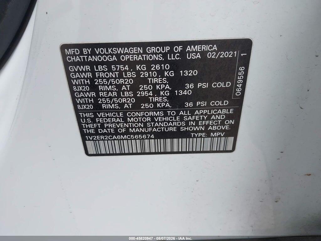 1V2ER2CA6MC565674 2021 VOLKSWAGEN ATLAS photo no. 9
