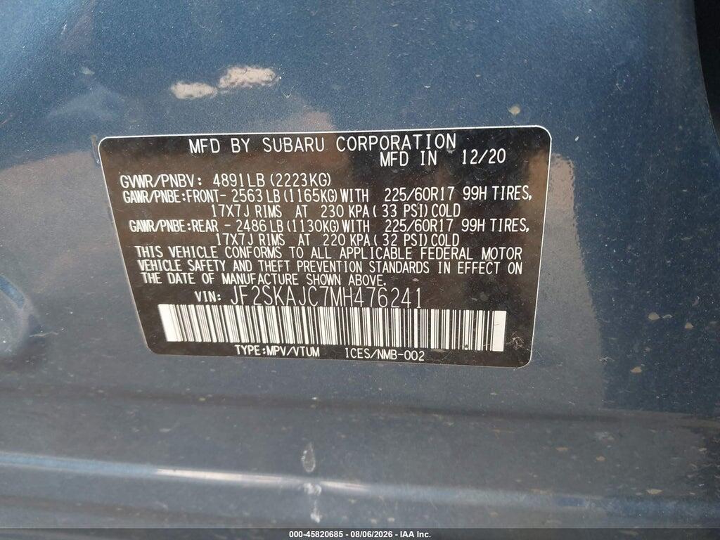JF2SKAJC7MH476241 2021 SUBARU FORESTER photo no. 9