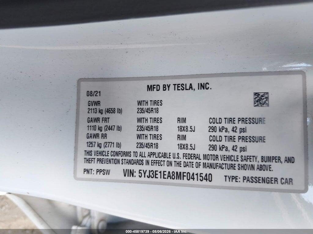 5YJ3E1EA8MF041540 2021 TESLA MODEL 3 photo no. 9