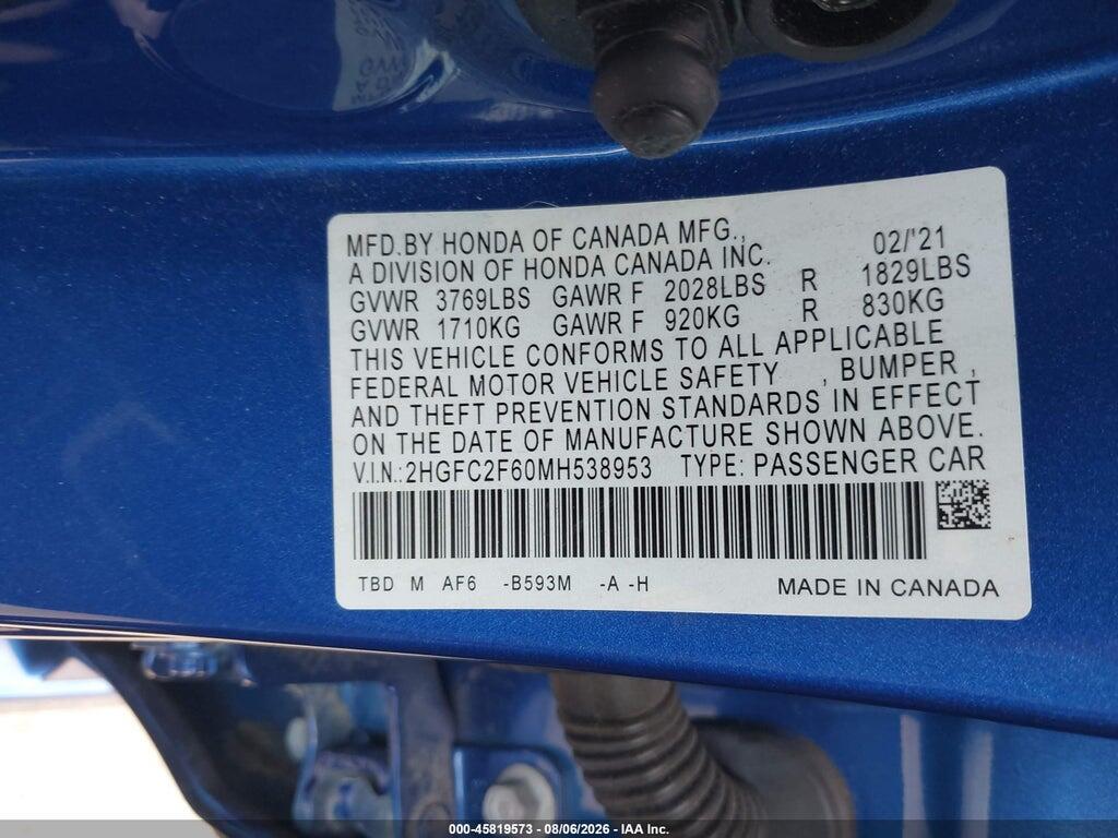 2HGFC2F60MH538953 2021 HONDA CIVIC photo no. 9