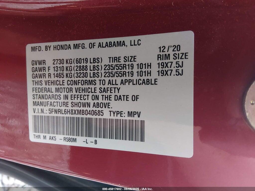 5FNRL6H8XMB040685 2021 HONDA ODYSSEY photo no. 9