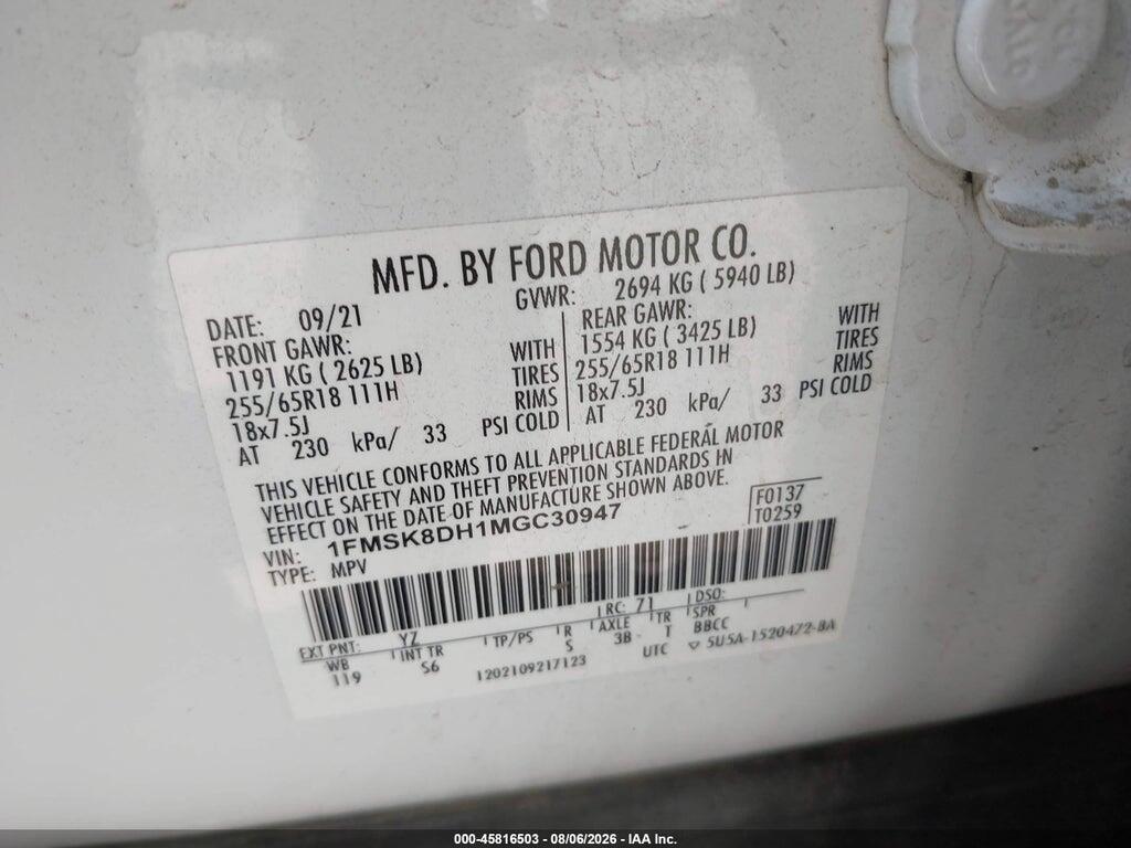 1FMSK8DH1MGC30947 2021 FORD EXPLORER photo no. 9
