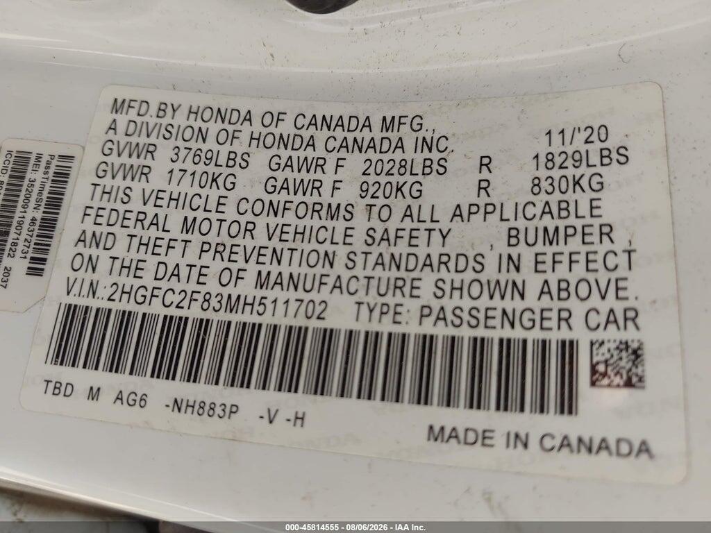 2HGFC2F83MH511702 2021 HONDA CIVIC photo no. 9