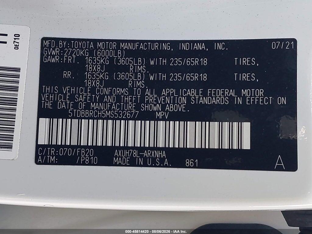5TDBBRCH5MS532677 2021 TOYOTA HIGHLANDER photo no. 9