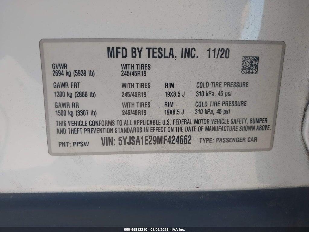 5YJSA1E29MF424662 2021 TESLA MODEL S photo no. 9