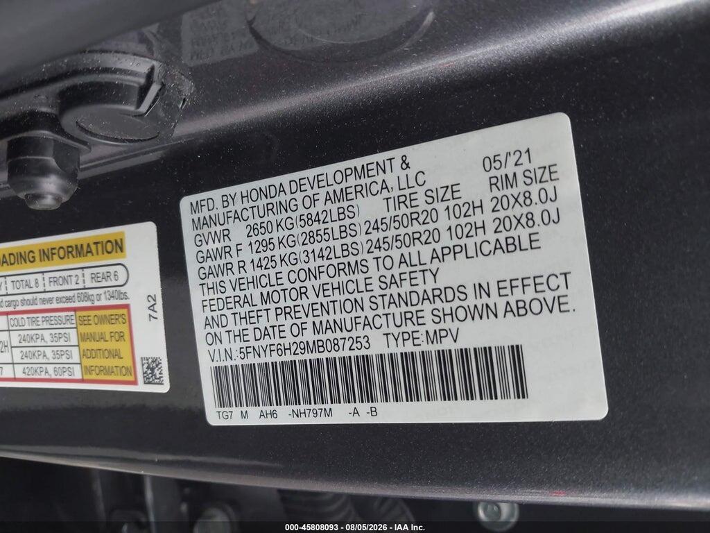 5FNYF6H29MB087253 2021 HONDA PILOT photo no. 9