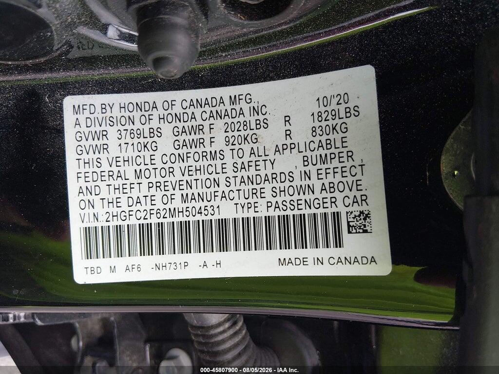 2HGFC2F62MH504531 2021 HONDA CIVIC photo no. 9