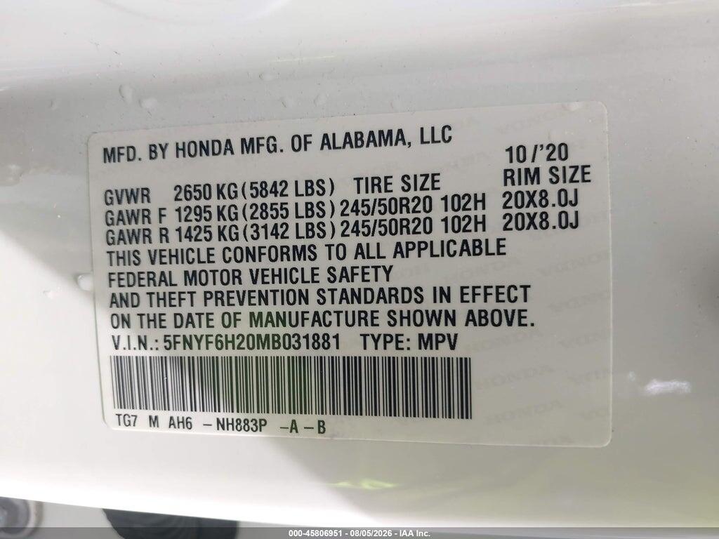 5FNYF6H20MB031881 2021 HONDA PILOT photo no. 9