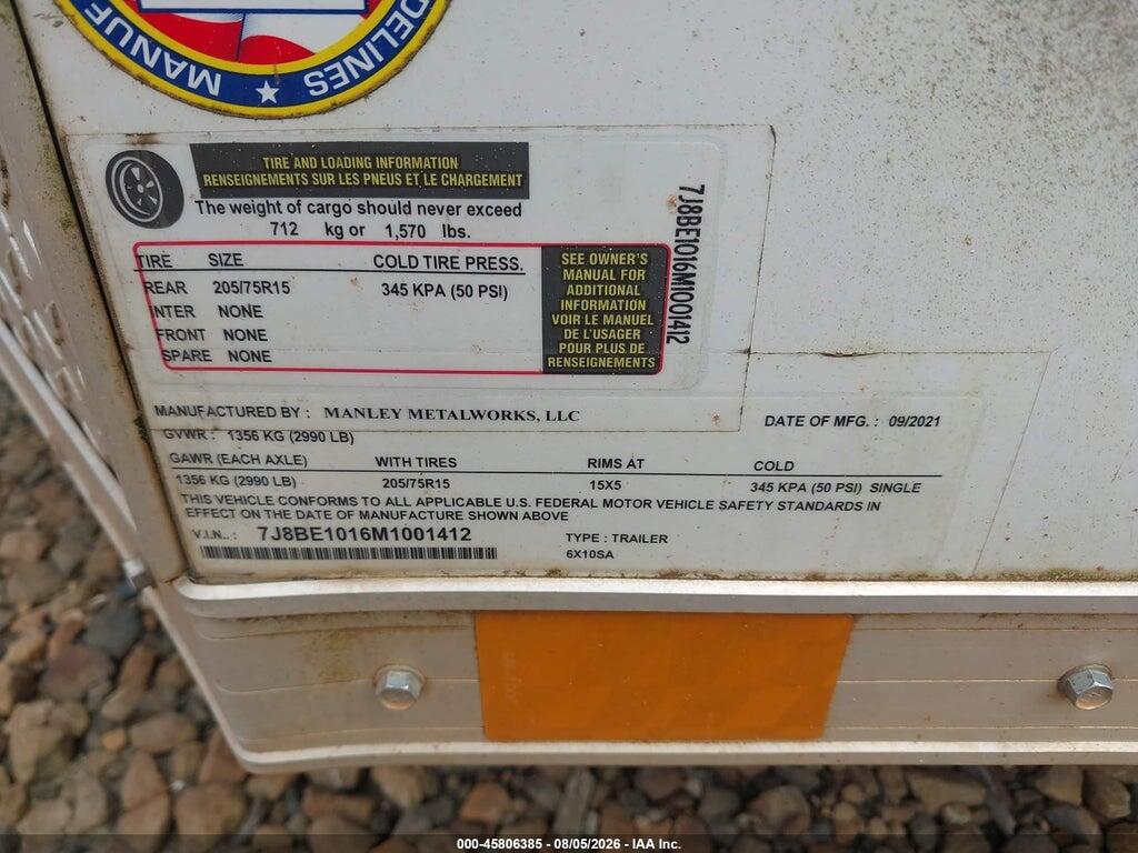7J8BE1016M1001412 2021 CUSTOM TRAILERS MANLEY TRAILER 6 X 10 photo no. 9