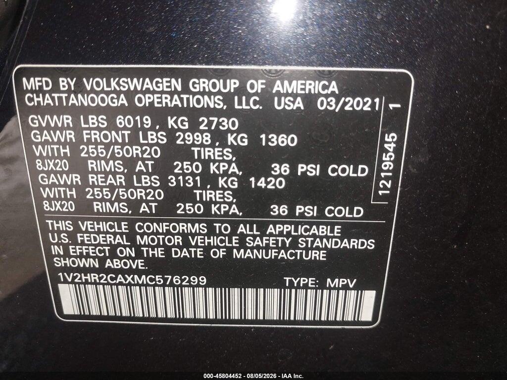 1V2HR2CAXMC576299 2021 VOLKSWAGEN ATLAS photo no. 9