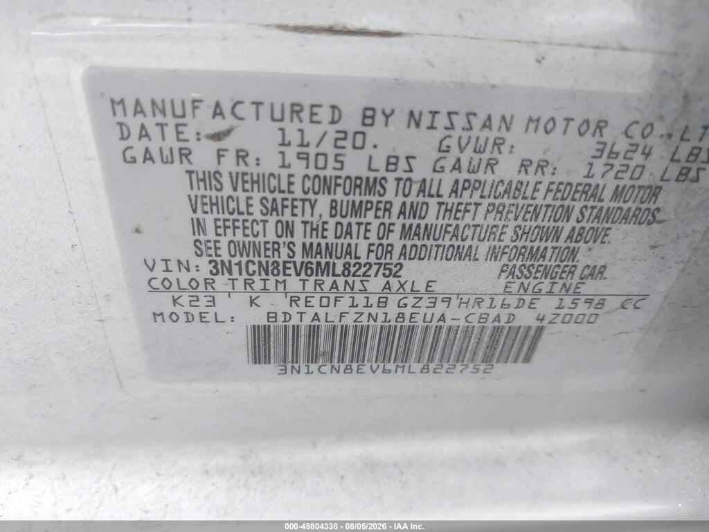 3N1CN8EV6ML822752 2021 NISSAN VERSA photo no. 9