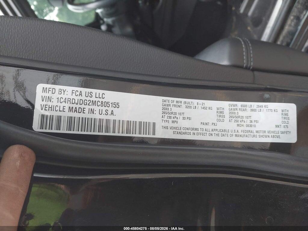 1C4RDJDG2MC805155 2021 DODGE DURANGO photo no. 9