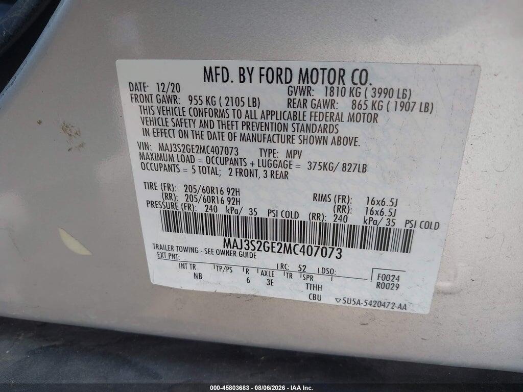 MAJ3S2GE2MC407073 2021 FORD ECOSPORT photo no. 9