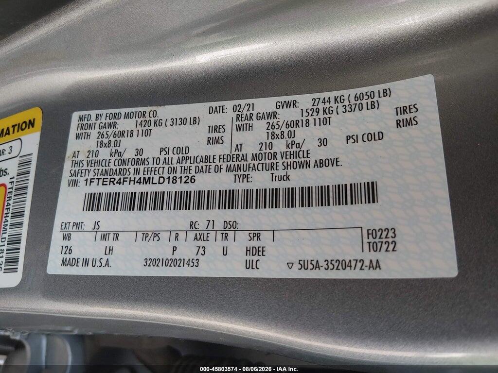 1FTER4FH4MLD18126 2021 FORD RANGER photo no. 9
