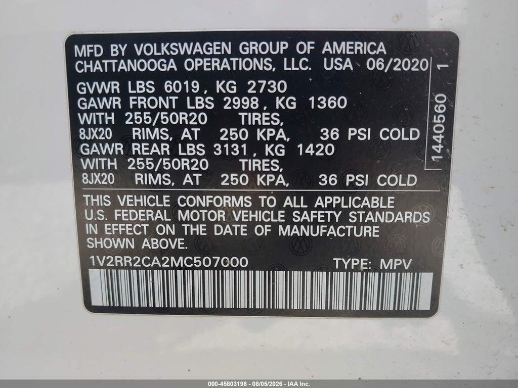 1V2RR2CA2MC507000 2021 VOLKSWAGEN ATLAS photo no. 9