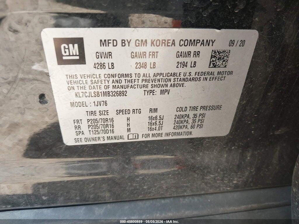 KL7CJLSB1MB326892 2021 CHEVROLET TRAX photo no. 9