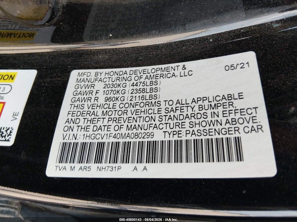 1HGCV1F40MA080299 2021 HONDA ACCORD photo no. 9