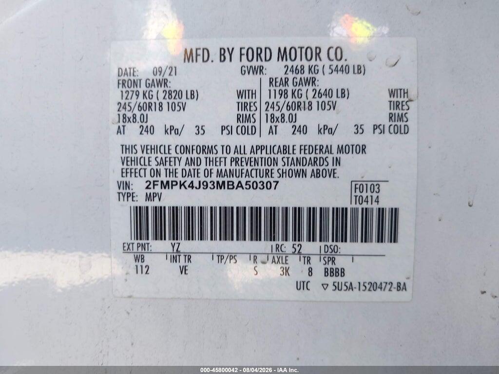 2FMPK4J93MBA50307 2021 FORD EDGE photo no. 9