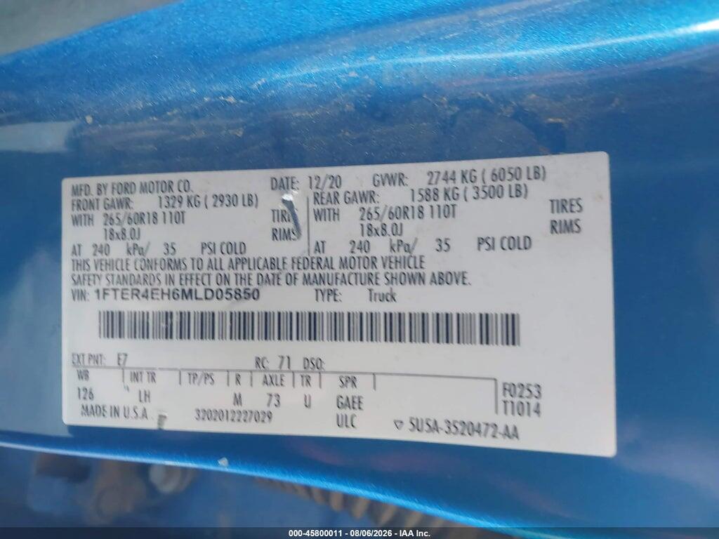 1FTER4EH6MLD05850 2021 FORD RANGER photo no. 9